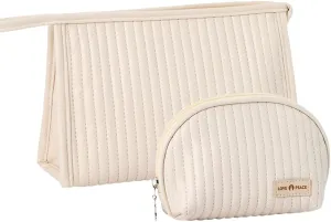 Makeup Bag for Purse, Makeup Bag Set of 2, Large Zipper Pouch Bag for Skincare Products, Half Moon Cosmetic Bag for Purse (Cream)