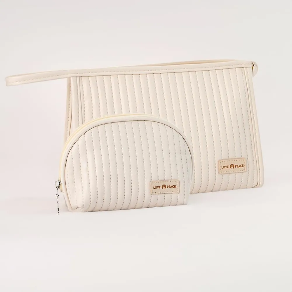 Makeup Bag for Purse, Makeup Bag Set of 2, Large Zipper Pouch Bag for Skincare Products, Half Moon Cosmetic Bag for Purse (Cream)