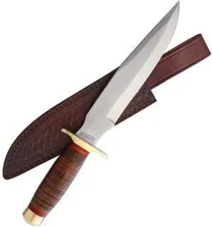 Marbles MR577 Stacked Leather Bowie Fixed Knife W/ Brown Leather Belt Sheath