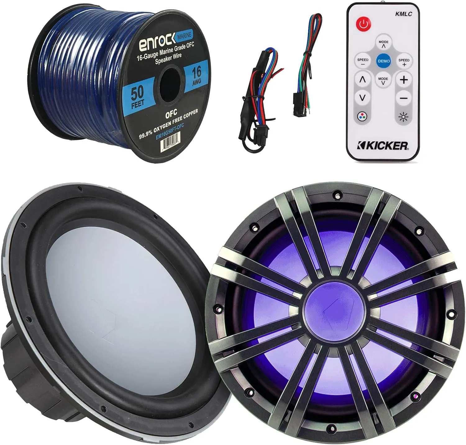 Marine Speaker & Sub Combo - Kicker KMW10 10-Inch RoHS Compliant 4-Ohm Boat Yacht Subwoofer, Bundle With Charcoal LED Woofer Grill   LED Light Remote Controller   Enrock 50 Feet 16 Gauge Speaker Wire