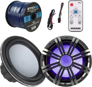 Marine Speaker & Sub Combo - Kicker KMW10 10-Inch RoHS Compliant 4-Ohm Boat Yacht Subwoofer, Bundle With Charcoal LED Woofer Grill   LED Light Remote Controller   Enrock 50 Feet 16 Gauge Speaker Wire