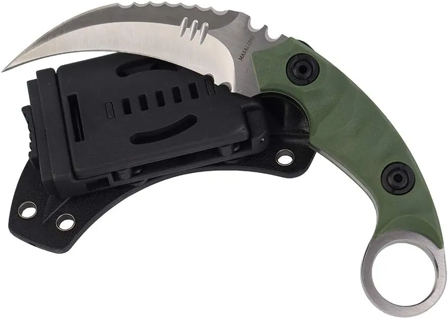 MASALONG Outdoor Survival claw Tactical teeth Knife Double edged sharp Fixed Blade Knife With Sheath (5CR Sand light Green handle)