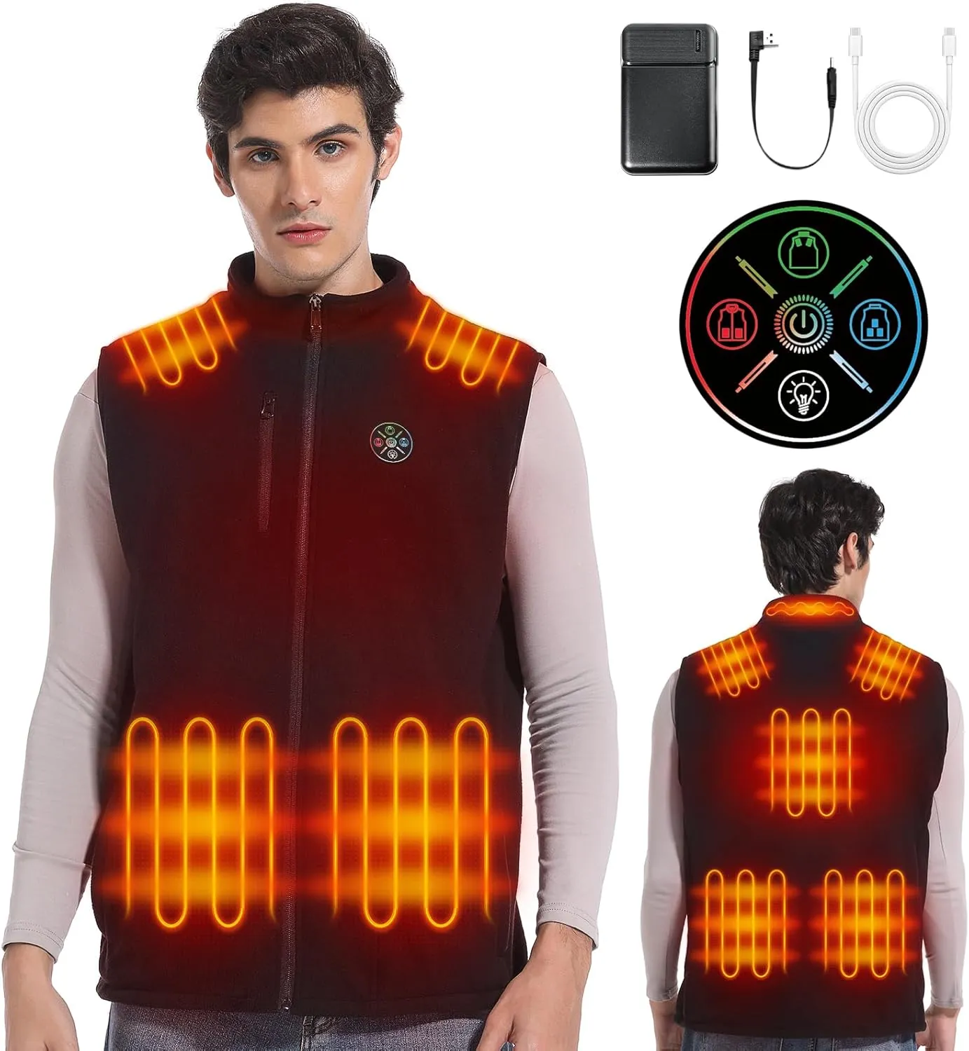 Men‘s Fleece Heated Vest with 8 Heating Pads 3 Temp Levels 3 Heating Zones Separate Control Rechargeable Battery Pack