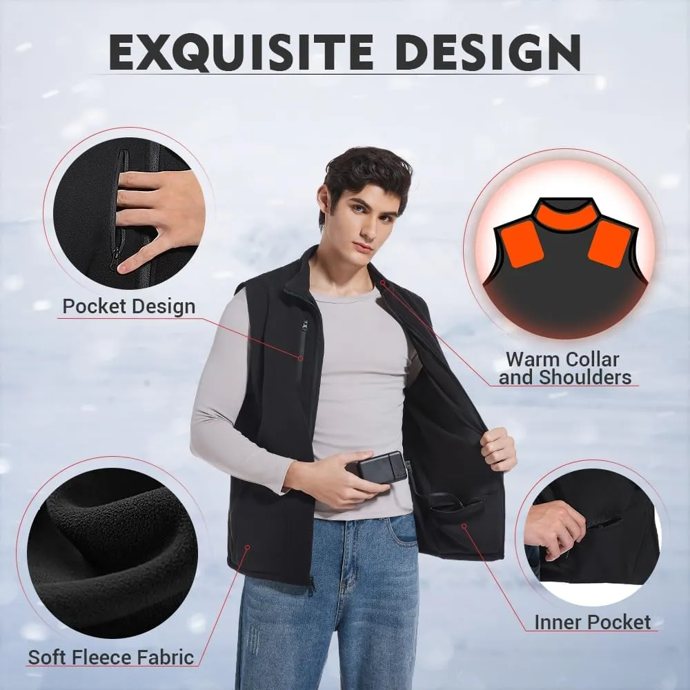 Men‘s Fleece Heated Vest with 8 Heating Pads 3 Temp Levels 3 Heating Zones Separate Control Rechargeable Battery Pack