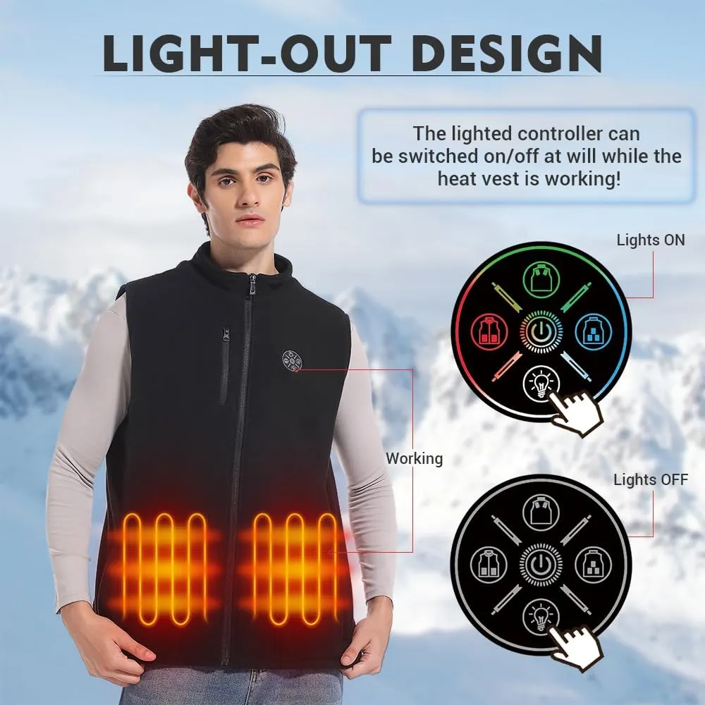Men‘s Fleece Heated Vest with 8 Heating Pads 3 Temp Levels 3 Heating Zones Separate Control Rechargeable Battery Pack