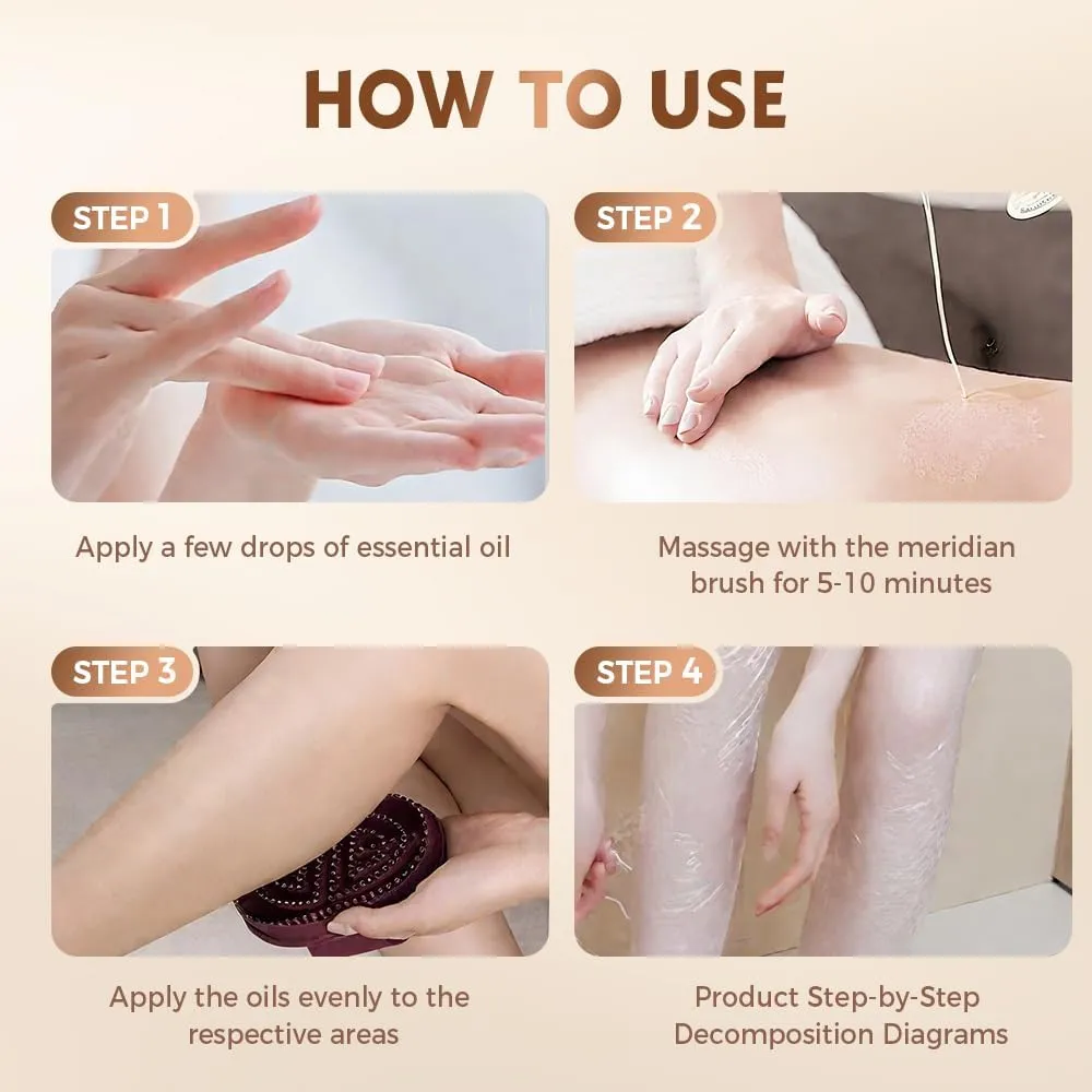 Meridian Brush Massage Brush,Beauty Salon Professional Custom Meridian Brush,Full Body Relaxation Comb,Portable Body Handheld Massage Tools (Brown  Essential Oil Set)
