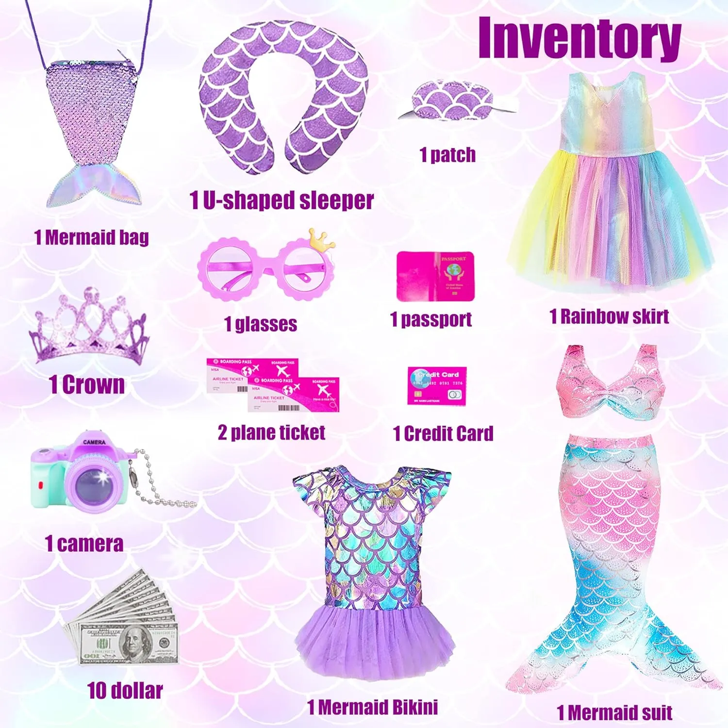 Mermaid 18 inch Doll Clothes and Doll Accessories Case Luggage Travel Play Set Include Suitcase, Dresses, Bag, Camera, Glasses, Pillow, Eyeshade Etc (No Doll)