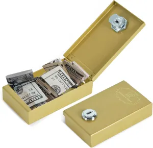 Metal Box for Gambler - Winners Bank Portable Safe Casino Money Pocket Sized Cash Box with Key Go Home Money - Golden