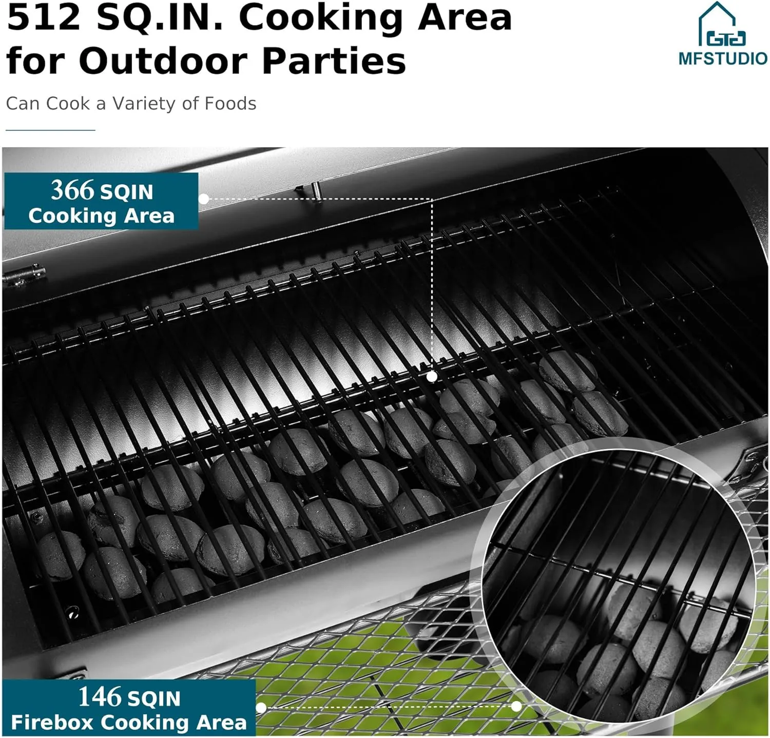 MFSTUDIO Heavy Duty Charcoal Wood Offset Outdoor Smoker Grill, Charcoal Grill with Smoker Combo for BBQ Grilling, 512 SQ.IN.