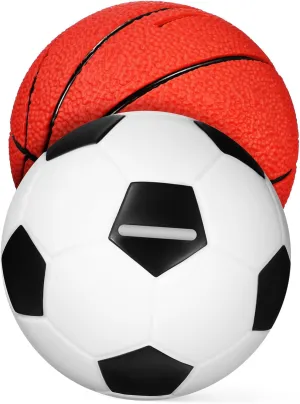 Milisten 2pcs Sports Balls Piggy Bank Set Fun Basketball Soccer Coin Banks for Boy Girl Portable Money Saving Jars Birthday for Boys Girls Creative Home Decor