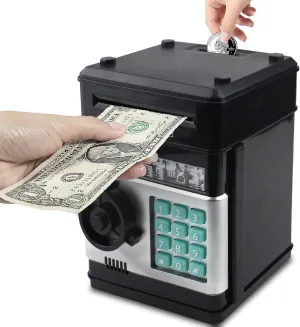Mini ATM Piggy Bank ATM Machine Best Gift for Kids,Electronic Code Piggy Bank Money Counter Safe Box Coin Bank for Boys Girls Password Lock Case (Black)