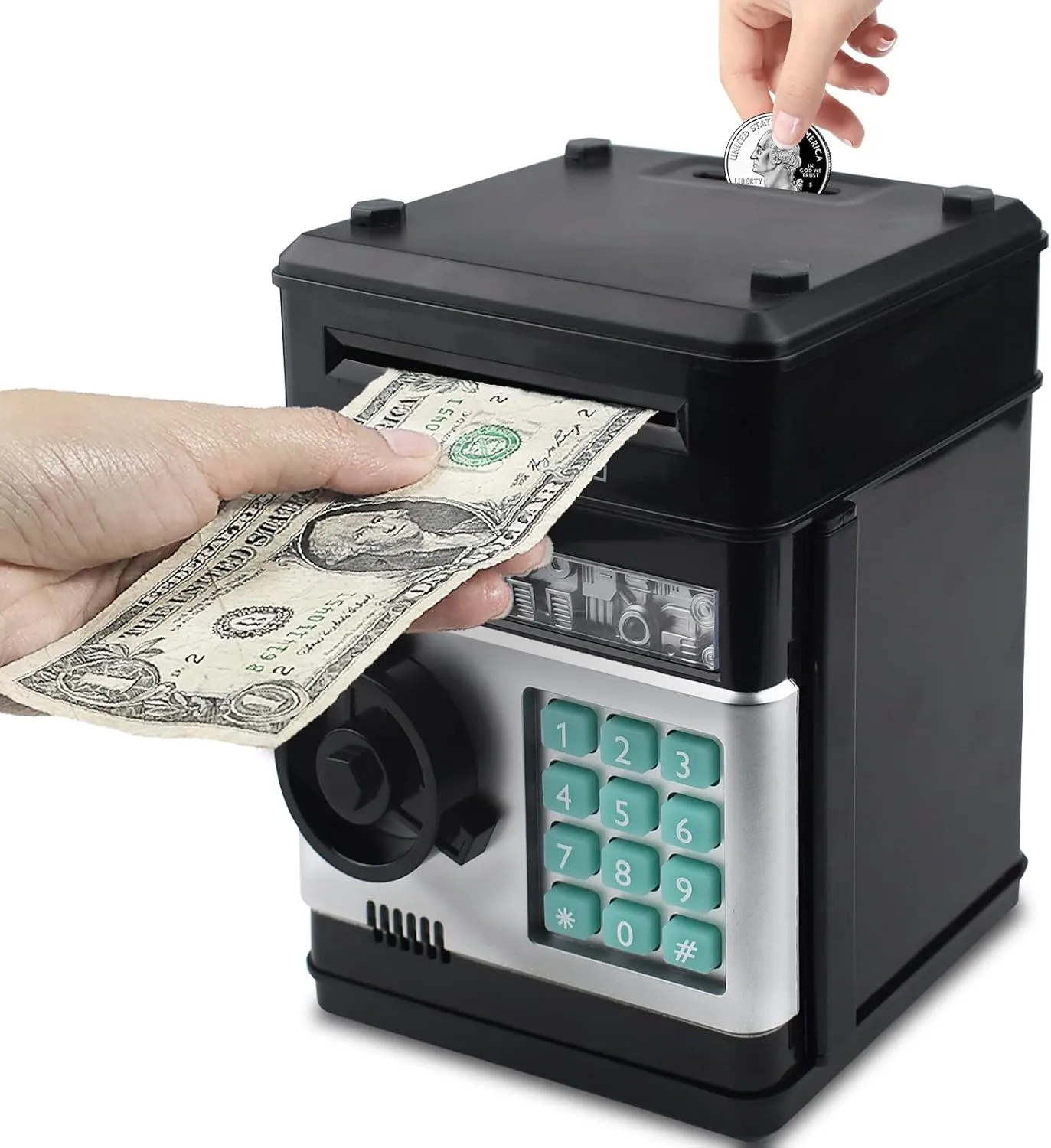 Mini ATM Piggy Bank ATM Machine Best Gift for Kids,Electronic Code Piggy Bank Money Counter Safe Box Coin Bank for Boys Girls Password Lock Case (Black)