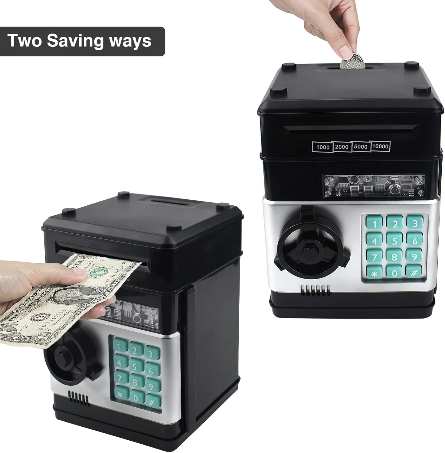 Mini ATM Piggy Bank ATM Machine Best Gift for Kids,Electronic Code Piggy Bank Money Counter Safe Box Coin Bank for Boys Girls Password Lock Case (Black)