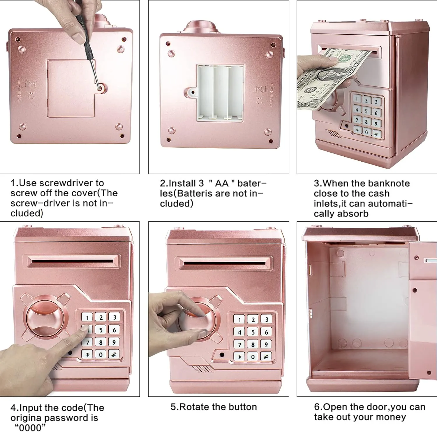 Mini ATM Piggy Bank ATM Machine Best Gift for Kids,Electronic Code Piggy Bank Money Counter Safe Box Coin Bank for Boys Girls Password Lock Case (Rose Gold)