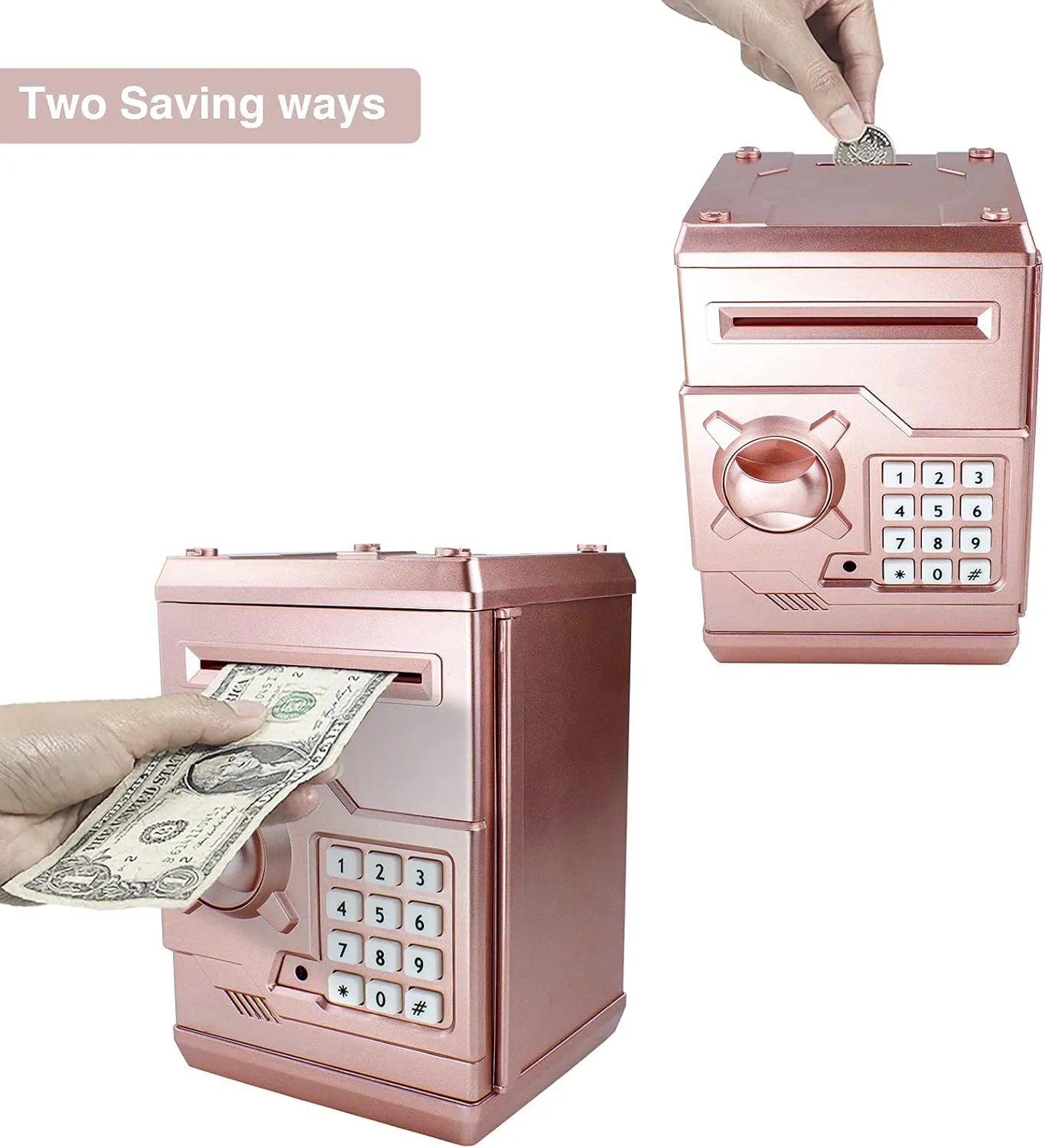 Mini ATM Piggy Bank ATM Machine Best Gift for Kids,Electronic Code Piggy Bank Money Counter Safe Box Coin Bank for Boys Girls Password Lock Case (Rose Gold)