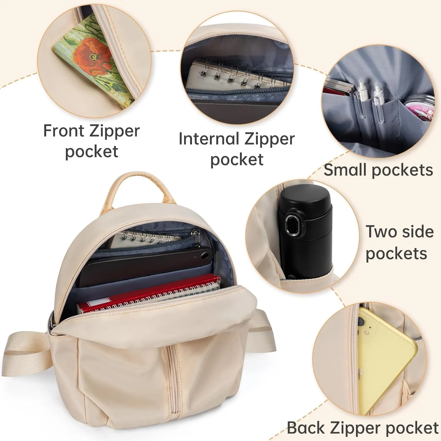 Mini Backpack Purse Small Cute Women Bag Lightweight Daypack for Travel (Beige)