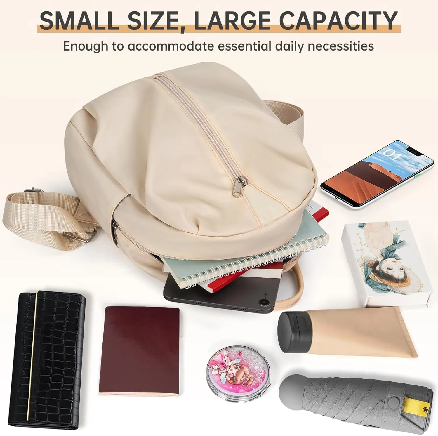 Mini Backpack Purse Small Cute Women Bag Lightweight Daypack for Travel (Beige)