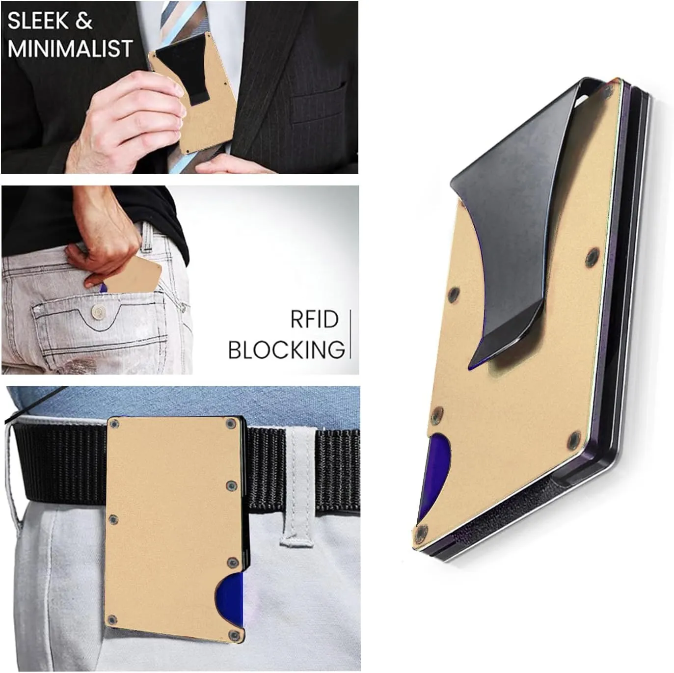 Minimalist Wallet for Men, Slim Aluminum Metal Pocket Wallet with Money Clip, Blocks RFID Scanners ID Card Holder(Gold), Glod
