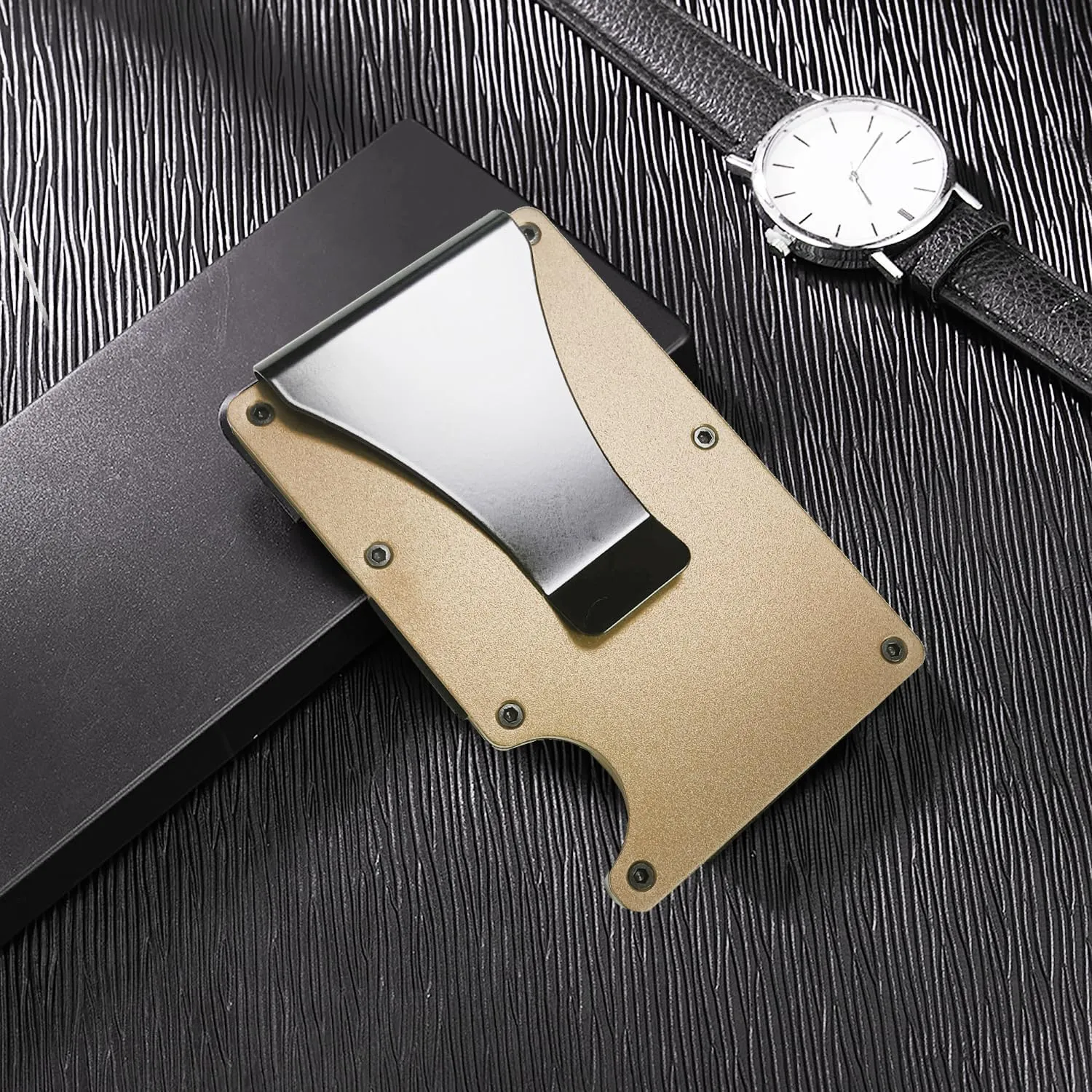 Minimalist Wallet for Men, Slim Aluminum Metal Pocket Wallet with Money Clip, Blocks RFID Scanners ID Card Holder(Gold), Glod