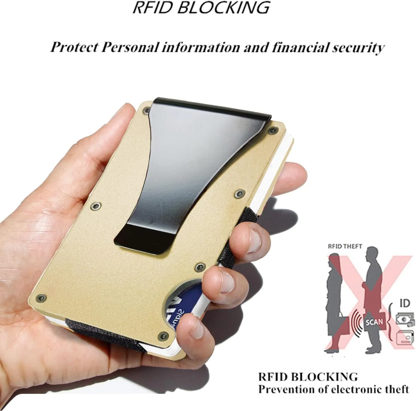 Minimalist Wallet for Men, Slim Aluminum Metal Pocket Wallet with Money Clip, Blocks RFID Scanners ID Card Holder(Gold), Glod