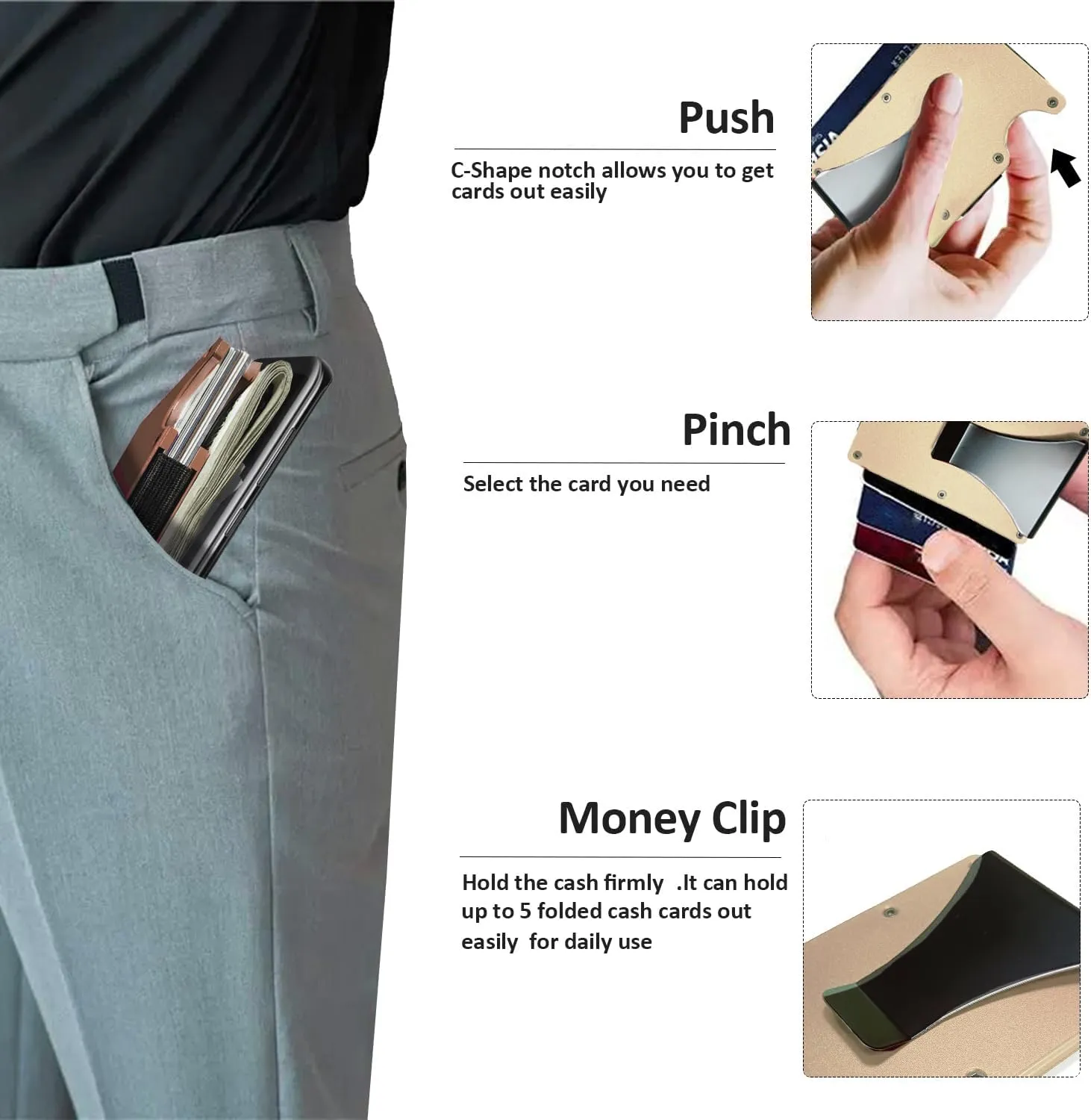 Minimalist Wallet for Men, Slim Aluminum Metal Pocket Wallet with Money Clip, Blocks RFID Scanners ID Card Holder(Gold), Glod