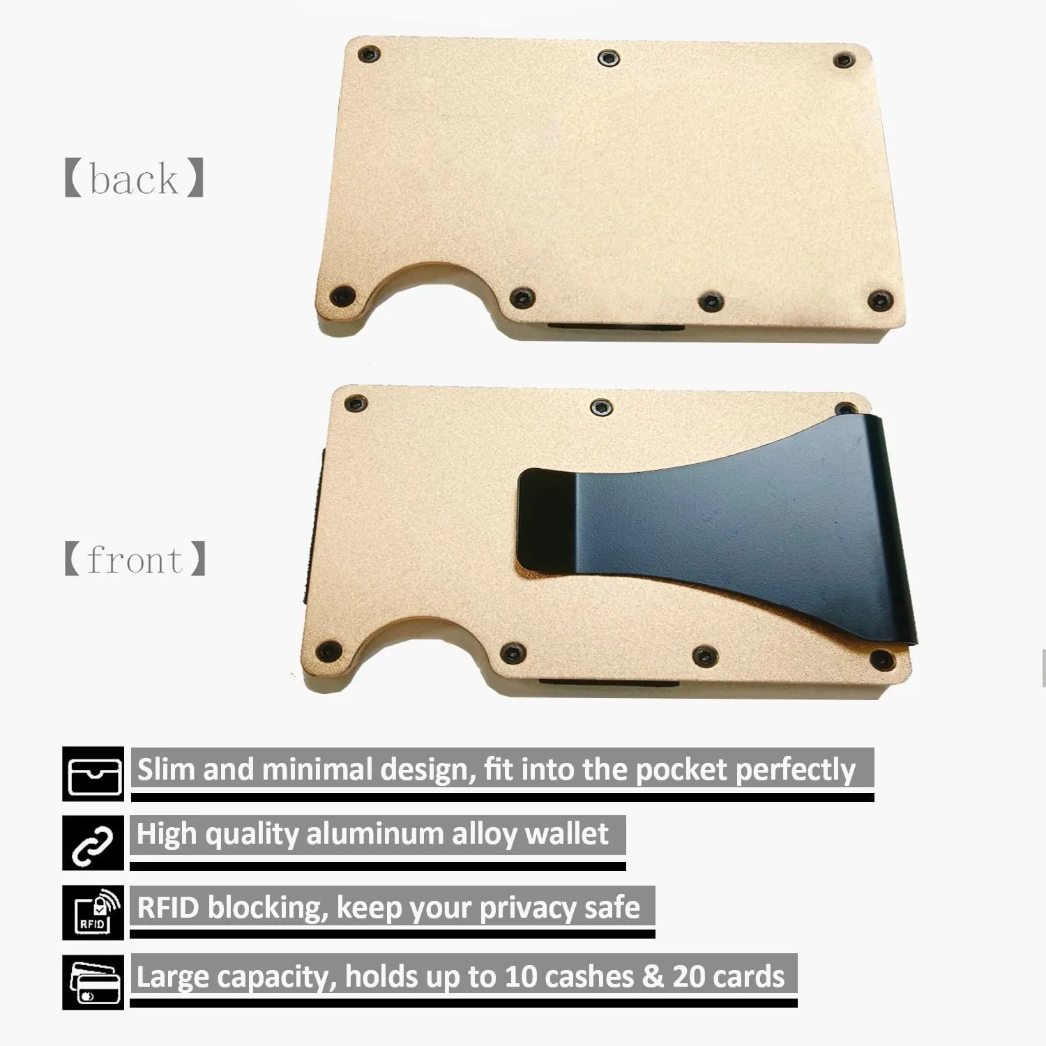 Minimalist Wallet for Men, Slim Aluminum Metal Pocket Wallet with Money Clip, Blocks RFID Scanners ID Card Holder(Gold), Glod