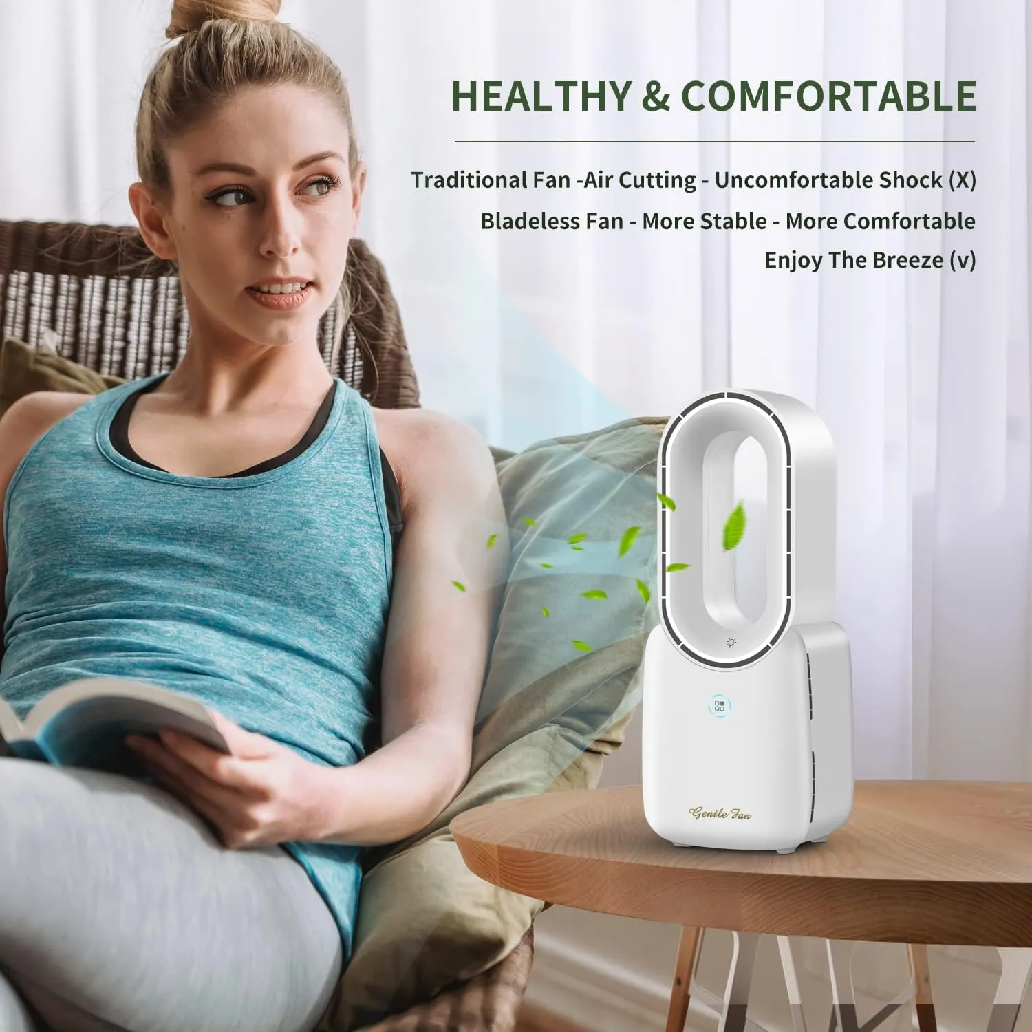 Misby Rechargeable Desk Fan, 5-color LED Light Bladeless Table Fan of 11.8 Inch, White Desk Fans Small Quiet for Bedroom, Home, Office