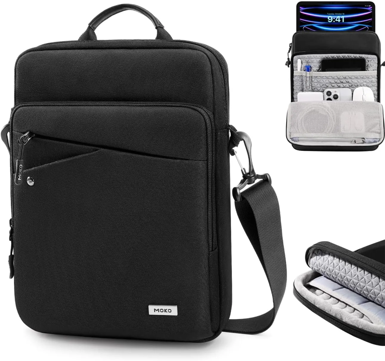 MoKo 9-11 Inch iPad Sleeve Tablet Bag iPad Carrying Case, 360° Protective iPad Travel Case with Shoulder Strap, Fits New iPad Air/Pro 11 inch 2024, iPad 10th/Air 5/4th 10.9, iPad 9/8th 10.2, Black