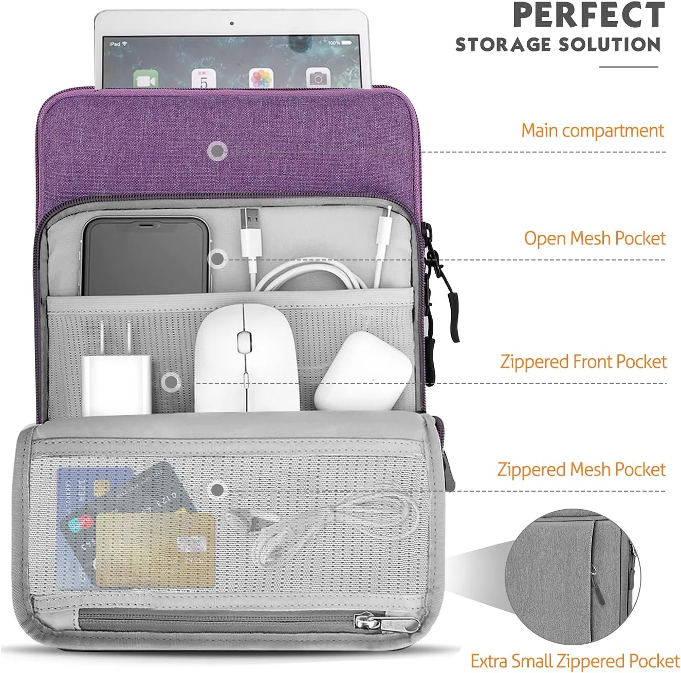 MoKo 9-11 Inch Tablet Sleeve Bag Carrying Case with Storage Pockets Fits New 11-inch iPad Pro M4/iPad Air M2 2024, iPad Air 5/4 10.9, iPad Pro 11, iPad 10/9/8th 10.9/10.2, Tab S8/S9 11, Purple