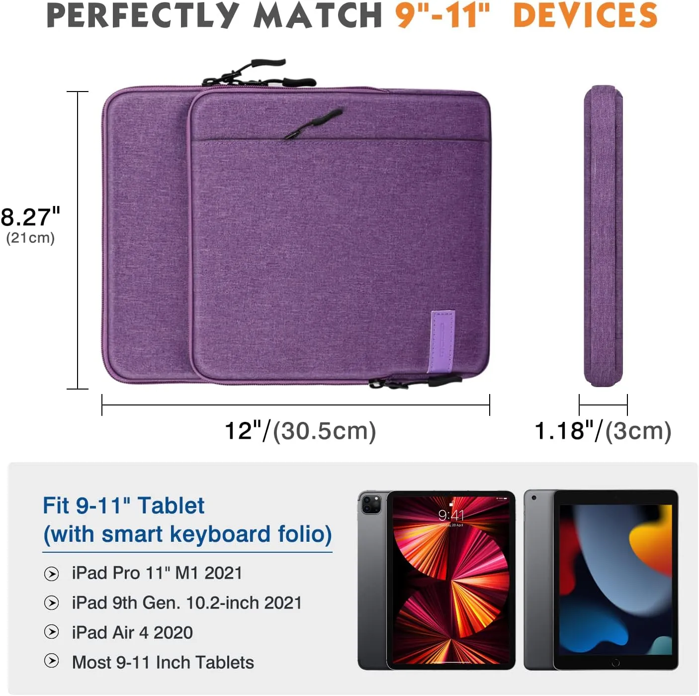 MoKo 9-11 Inch Tablet Sleeve Bag Carrying Case with Storage Pockets Fits New 11-inch iPad Pro M4/iPad Air M2 2024, iPad Air 5/4 10.9, iPad Pro 11, iPad 10/9/8th 10.9/10.2, Tab S8/S9 11, Purple