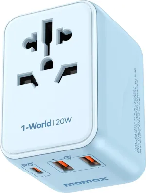 MOMAX Universal Travel Adapter, 20W GaN Fast International Power Adapter, 2 USB A & 1 USB C, Worldwide Travel Plug Adapter, International Power Adapter for Europe, USA, Japan, Australia (Type C/A/G/I)