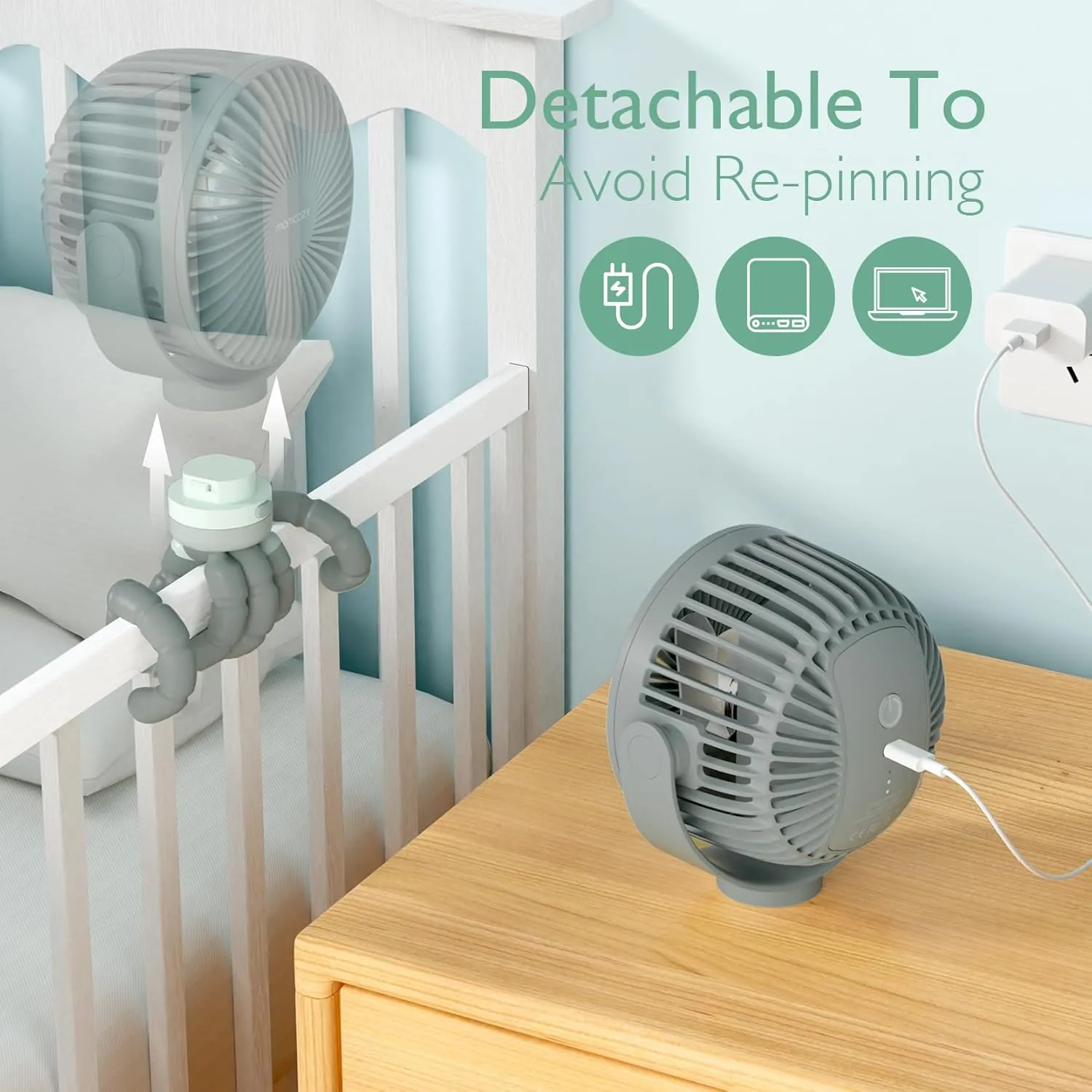 Momcozy 8000mAh Portable Stroller Fan, 27H Ultra-long Battery Life Detachable 4 Speed 360°Rotate LED Night Light with 2 Modes, USB Rechargeable Handheld Cooling Fan for Travel/Car Seat/Bedroom