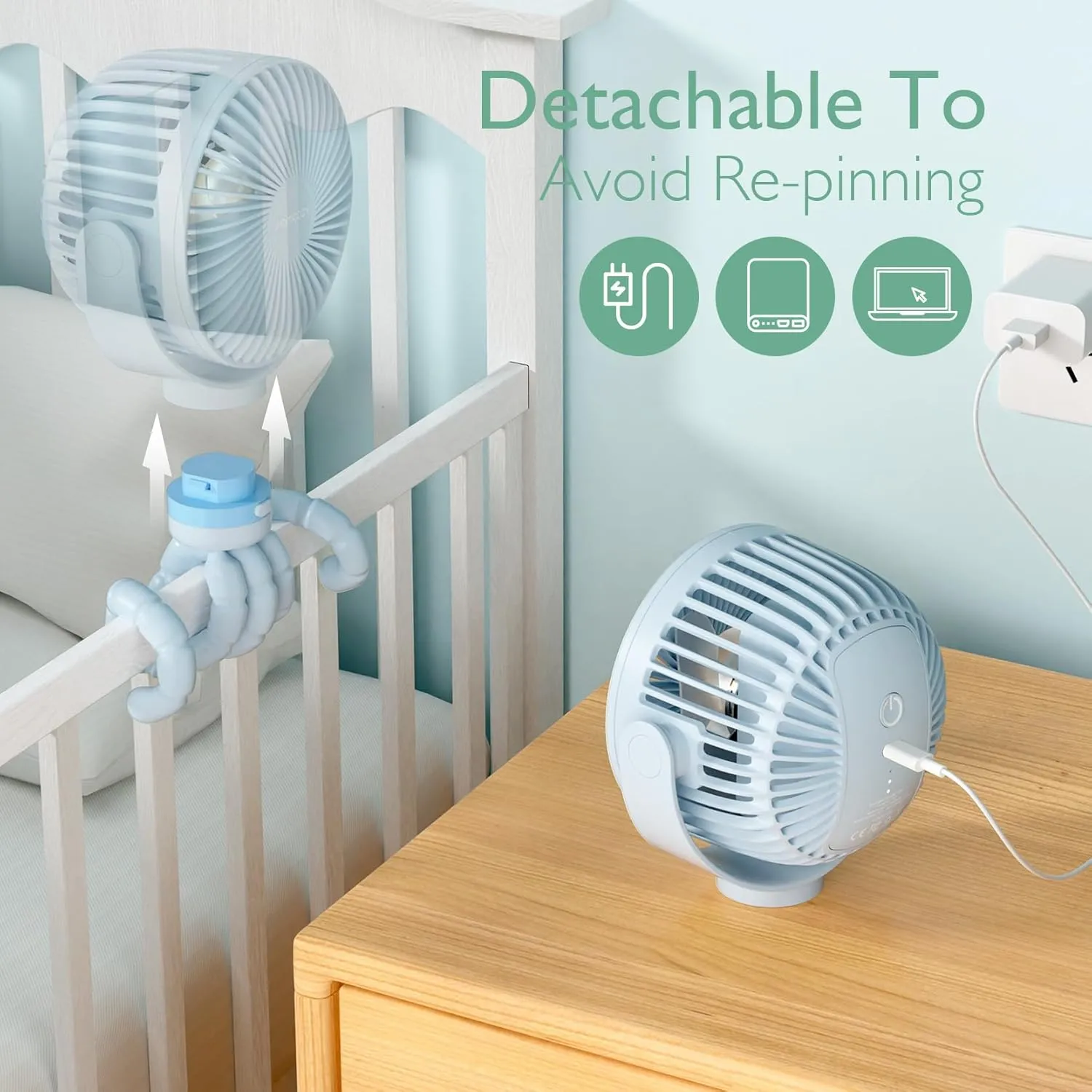 Momcozy 8000mAh Portable Stroller Fan, 27H Ultra-long Battery Life Detachable 4 Speed 360°Rotate LED Night Light with 2 Modes, USB Rechargeable Handheld Cooling Fan for Travel/Car Seat/Bedroom