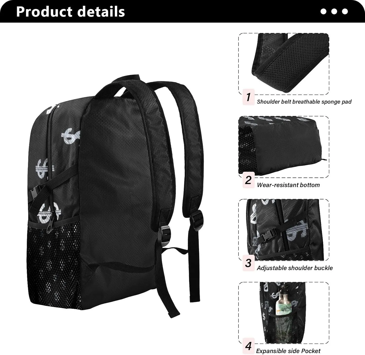 Money Print Foldable Backpack - Lightweight Packable Daypack with Dollar Sign Pattern, Expandable 47cm Travel Bag for City Tour/Shopping