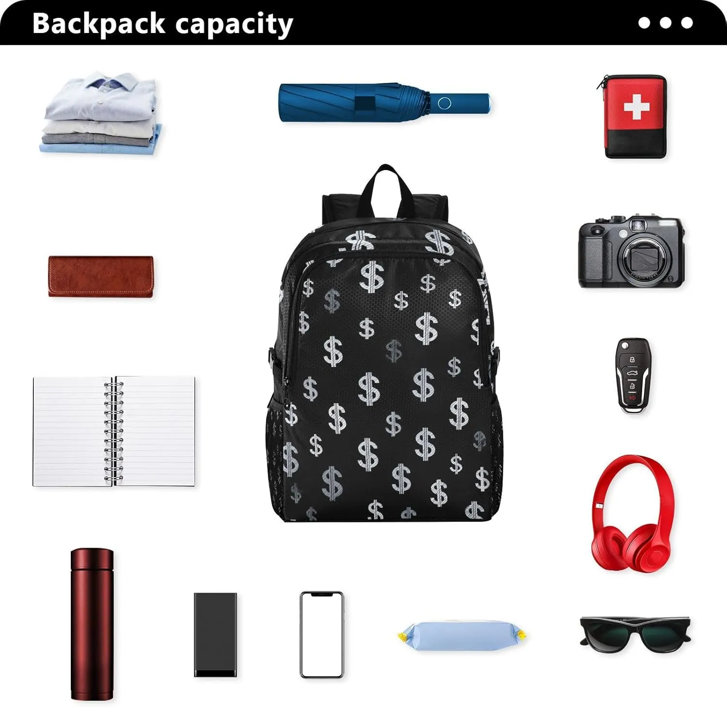 Money Print Foldable Backpack - Lightweight Packable Daypack with Dollar Sign Pattern, Expandable 47cm Travel Bag for City Tour/Shopping