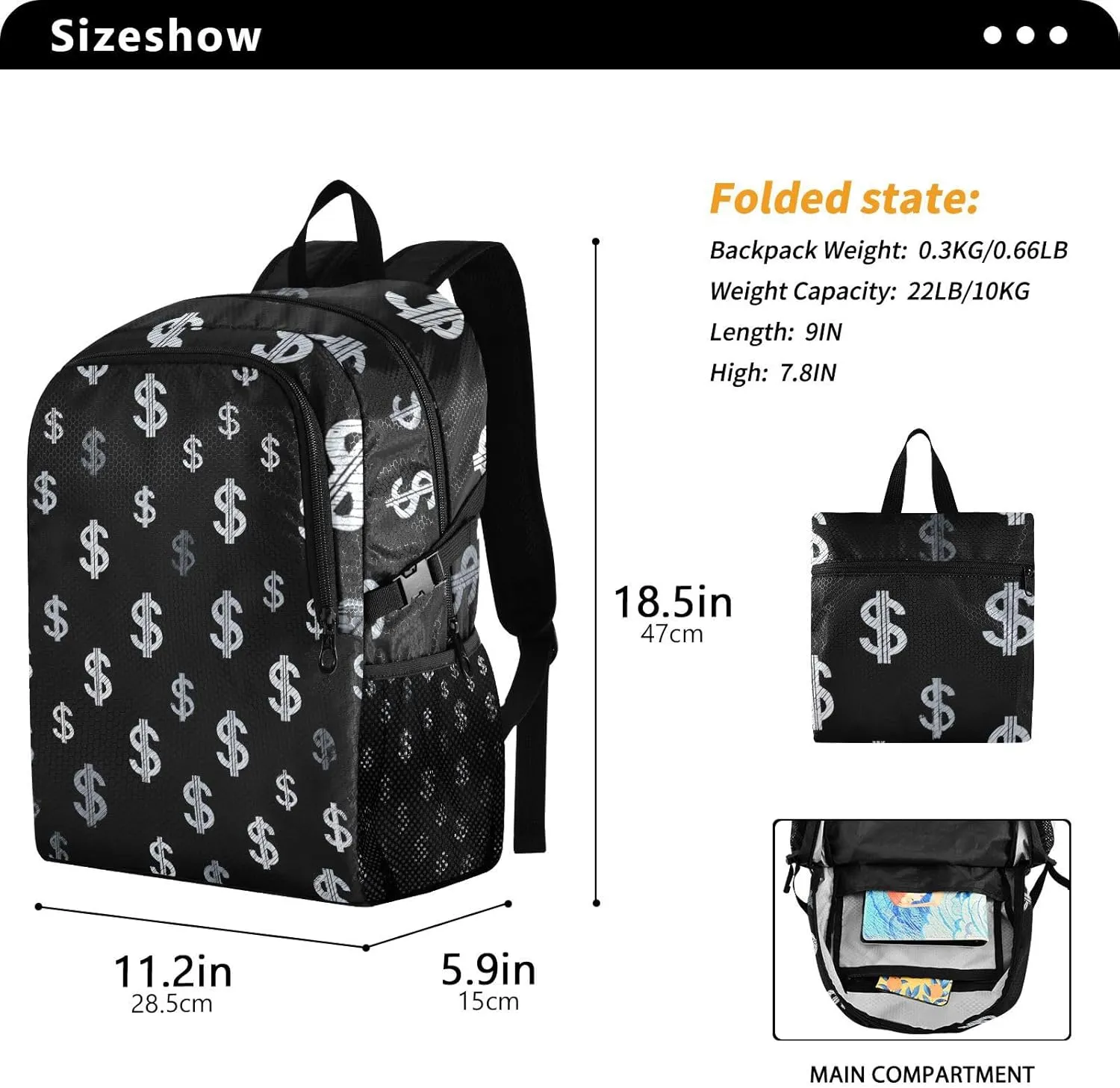Money Print Foldable Backpack - Lightweight Packable Daypack with Dollar Sign Pattern, Expandable 47cm Travel Bag for City Tour/Shopping