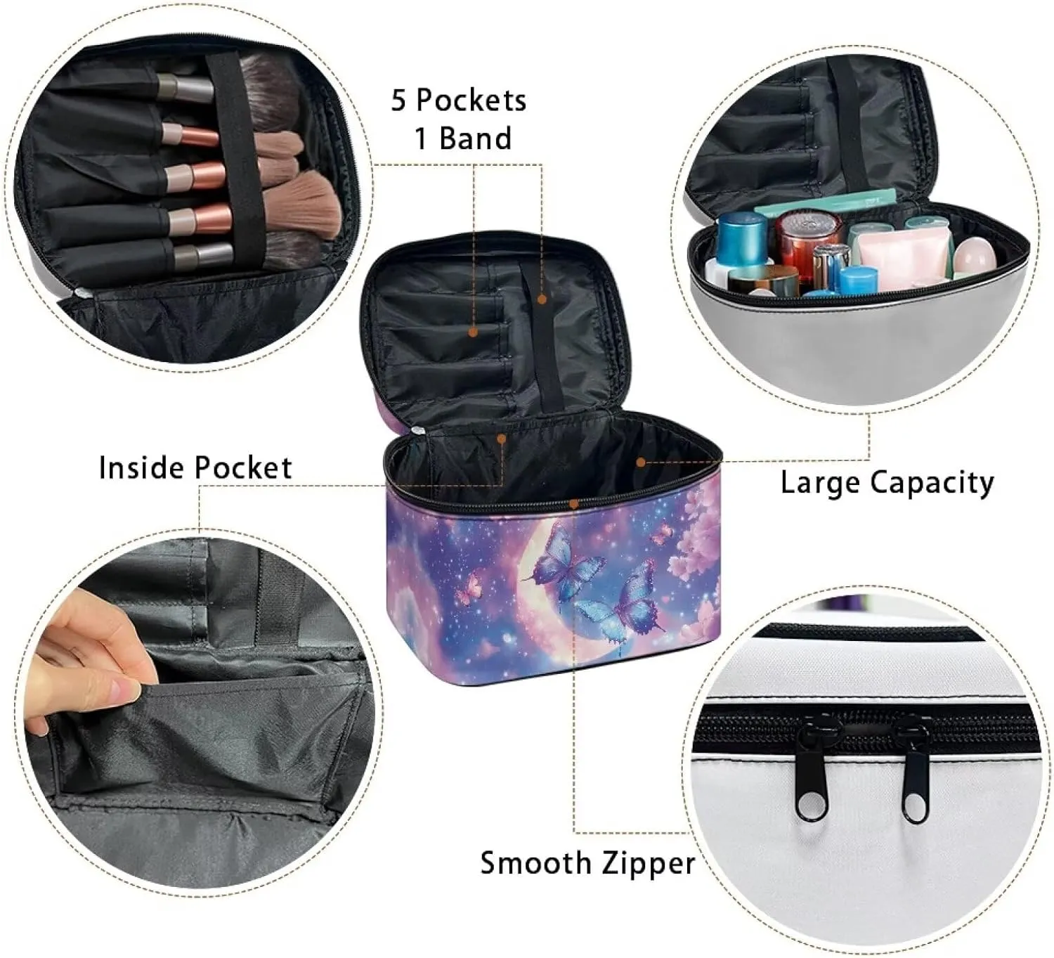 Moon Butterfly Travel Cosmetic Bags for Women Portable Toiletry Organizer Bag Makeup Bag Coin Purse Lipstick Cosmetic Accessories Organizer Large Travel Kit Storage Pouch