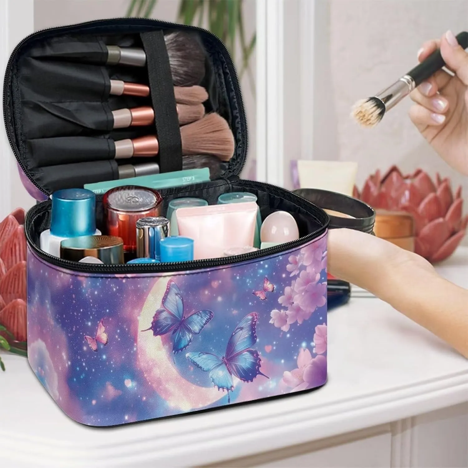 Moon Butterfly Travel Cosmetic Bags for Women Portable Toiletry Organizer Bag Makeup Bag Coin Purse Lipstick Cosmetic Accessories Organizer Large Travel Kit Storage Pouch