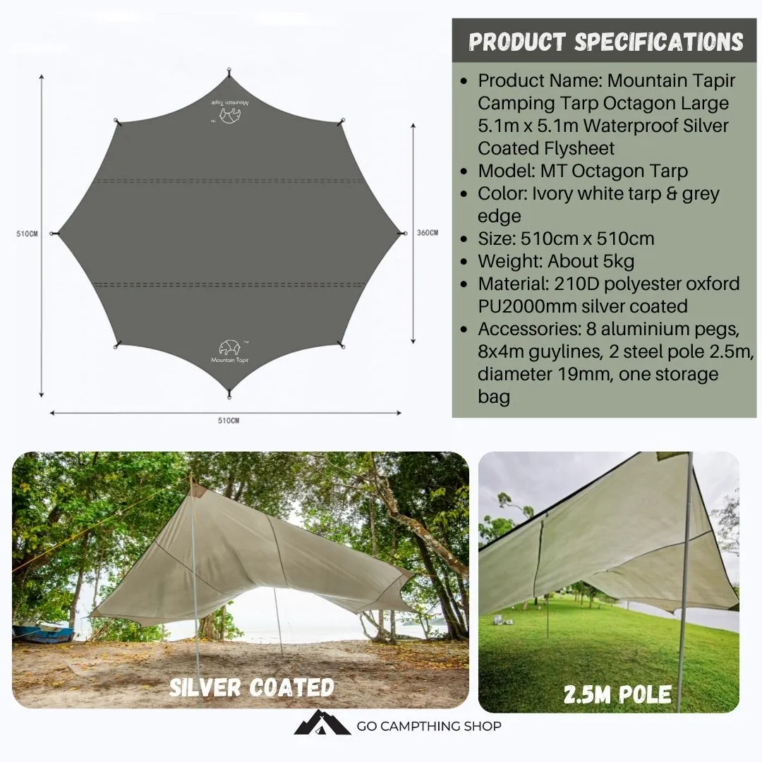 Mountain Tapir Camping Tarp Octagon Large 5.1m x 5.1m Waterproof Silver Coated Flysheet