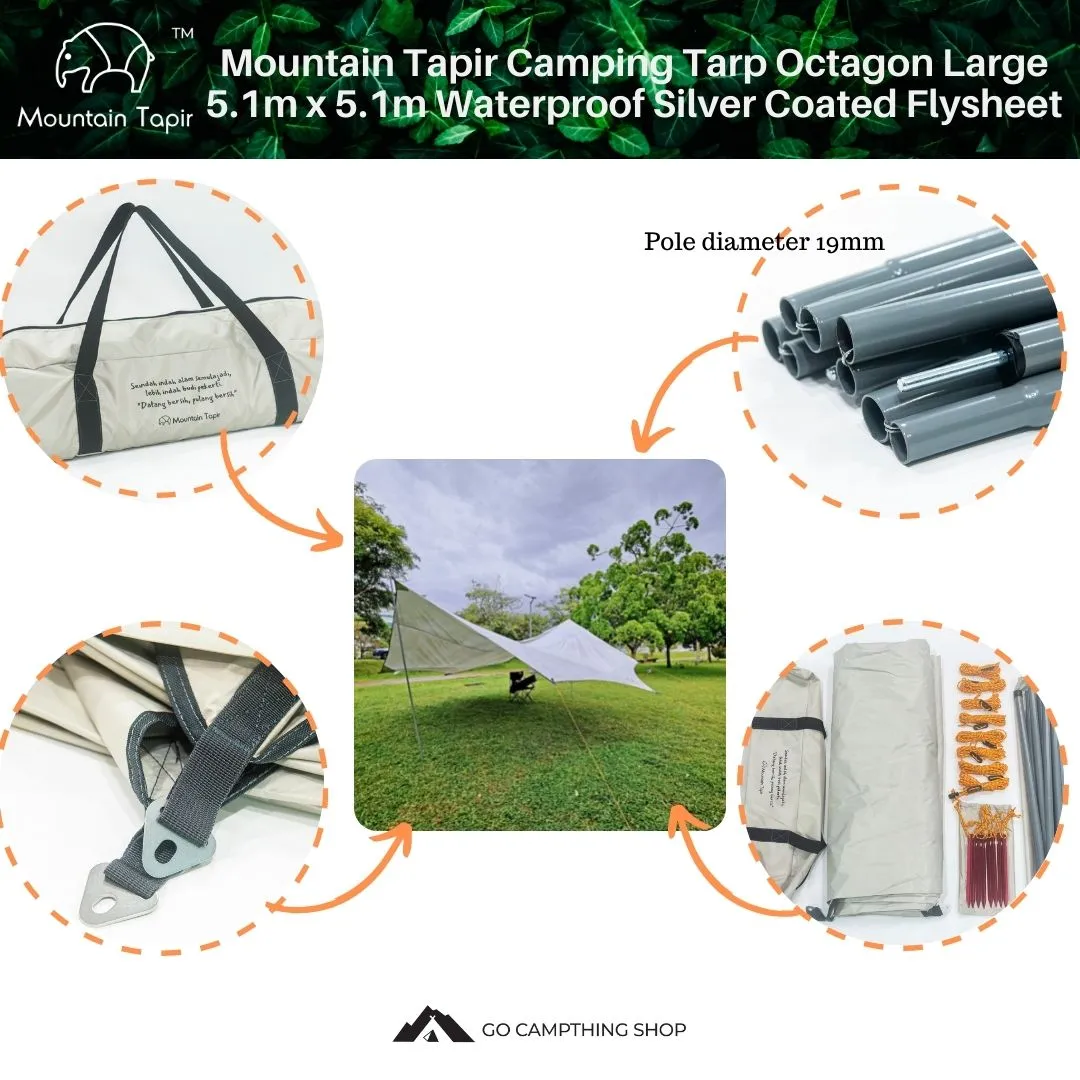 Mountain Tapir Camping Tarp Octagon Large 5.1m x 5.1m Waterproof Silver Coated Flysheet