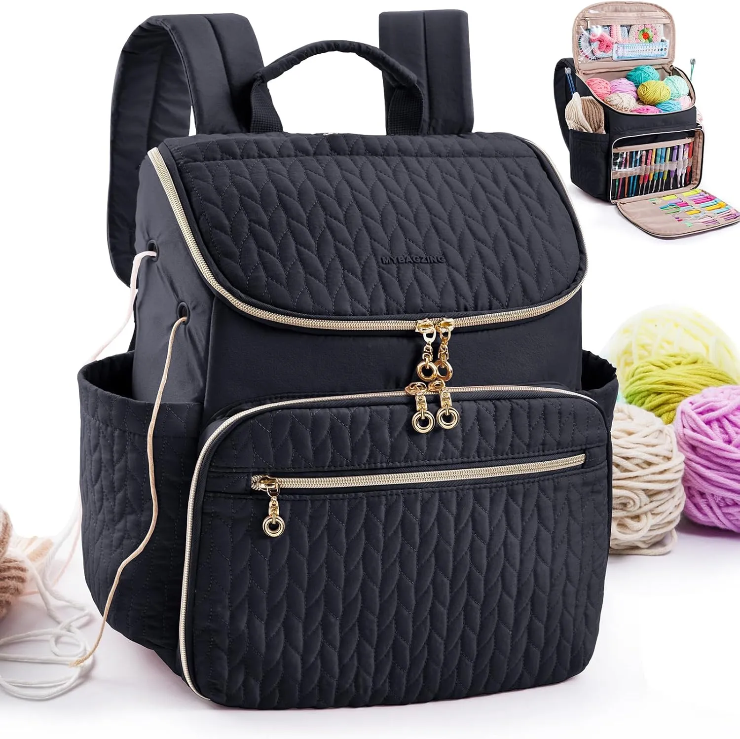 MYBAGZING Knitting Bag Backpack, Large Crochet Backpack - Crochet Bag Organizer, Yarn Storage Organizer - Yarn Holder with 10 Pockets for Crochet Accessories, Knitting & Crochet Supplies, Crochet Gift