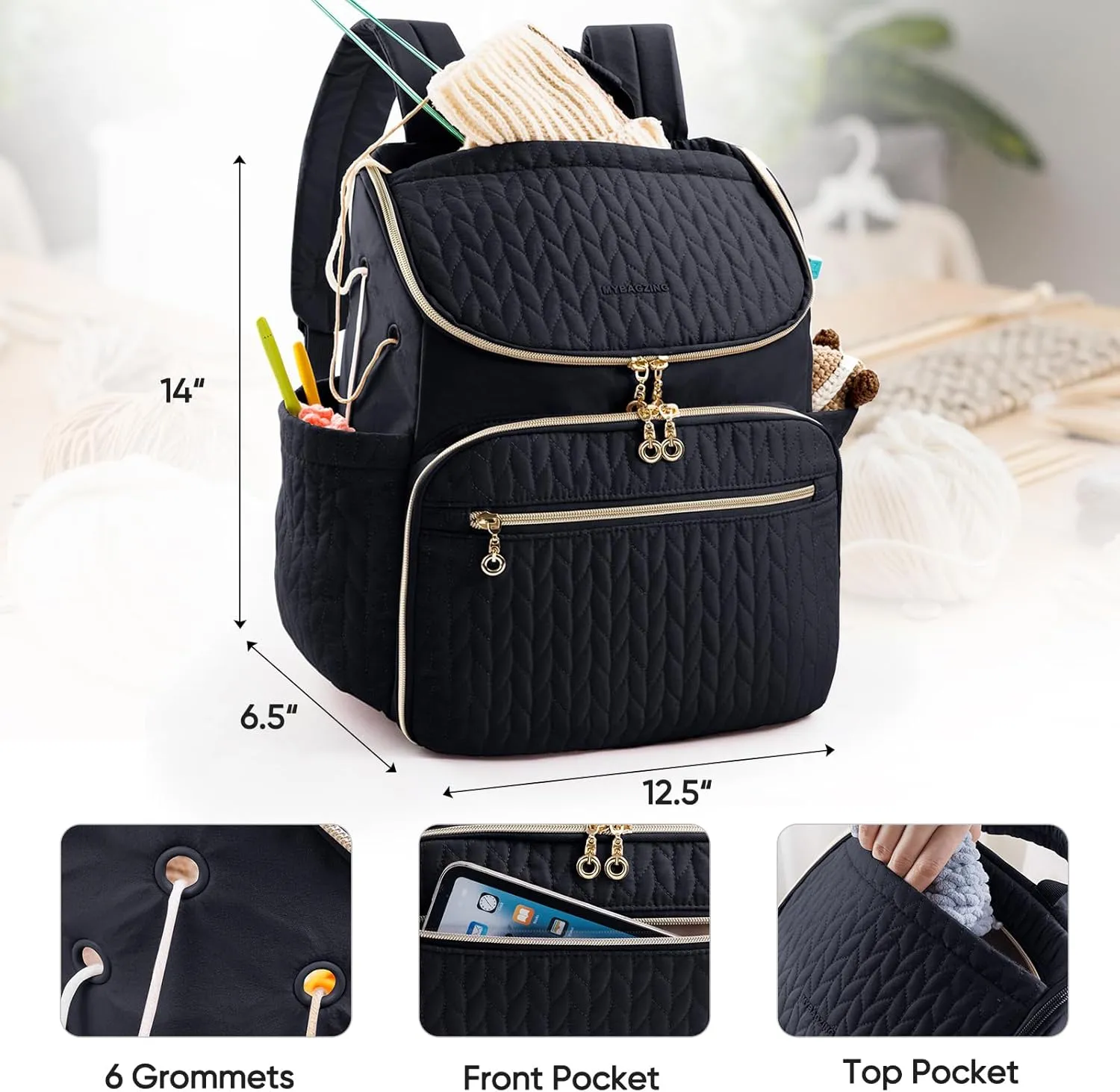 MYBAGZING Knitting Bag Backpack, Large Crochet Backpack - Crochet Bag Organizer, Yarn Storage Organizer - Yarn Holder with 10 Pockets for Crochet Accessories, Knitting & Crochet Supplies, Crochet Gift