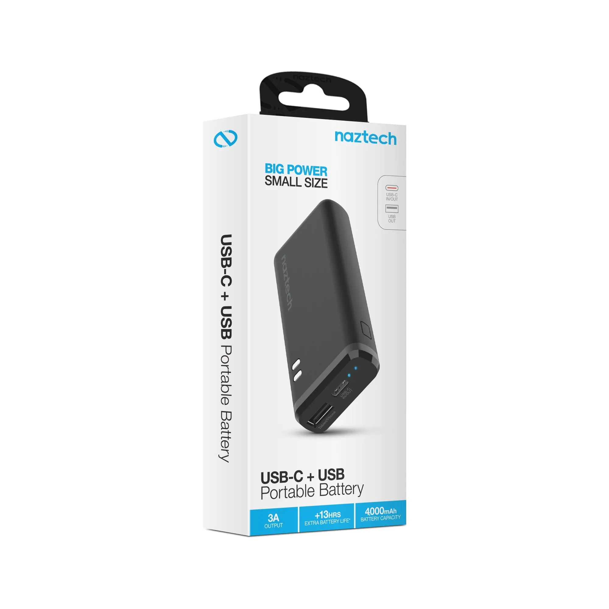 Naztech 4000mAh Portable Power Bank with USB-C and USB Ports for On-the-Go Charging