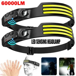 New 60000LM 230¡ã Wide angle Floodlight 3 Strip Lights COB Headlamp Induction Headlamp with Built-in Battery Flashlight Head Torch 4 Lighting Modes Head Light