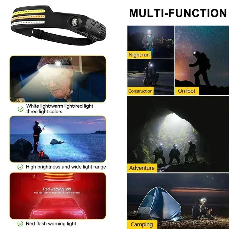 New 60000LM 230¡ã Wide angle Floodlight 3 Strip Lights COB Headlamp Induction Headlamp with Built-in Battery Flashlight Head Torch 4 Lighting Modes Head Light