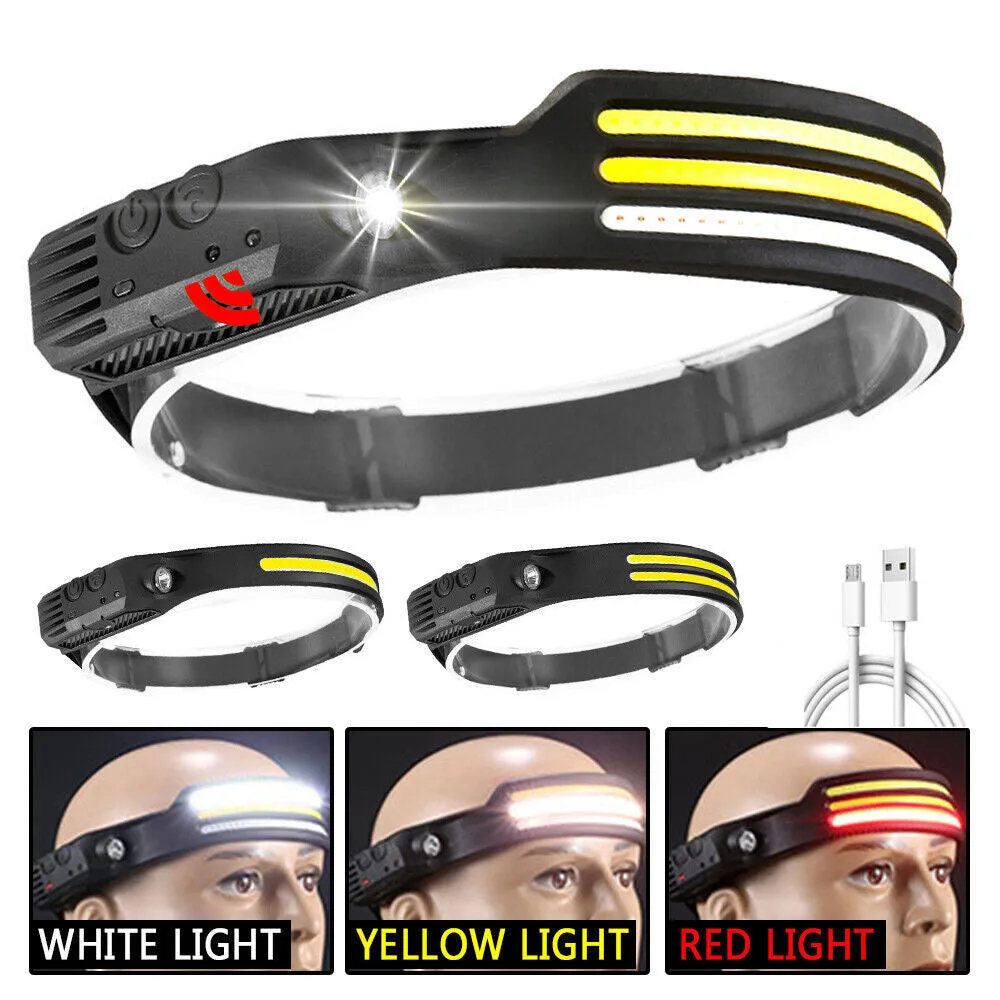 New 60000LM 230¡ã Wide angle Floodlight 3 Strip Lights COB Headlamp Induction Headlamp with Built-in Battery Flashlight Head Torch 4 Lighting Modes Head Light
