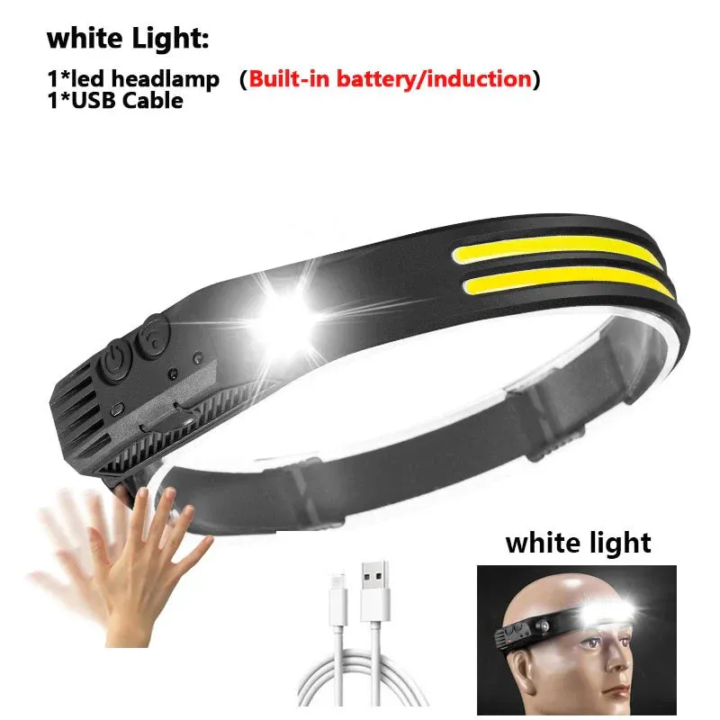 New 60000LM 230¡ã Wide angle Floodlight 3 Strip Lights COB Headlamp Induction Headlamp with Built-in Battery Flashlight Head Torch 4 Lighting Modes Head Light