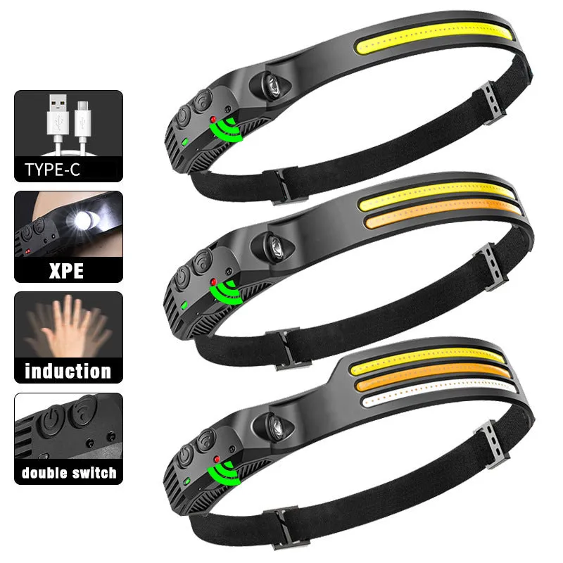 New 60000LM 230¡ã Wide angle Floodlight 3 Strip Lights COB Headlamp Induction Headlamp with Built-in Battery Flashlight Head Torch 4 Lighting Modes Head Light