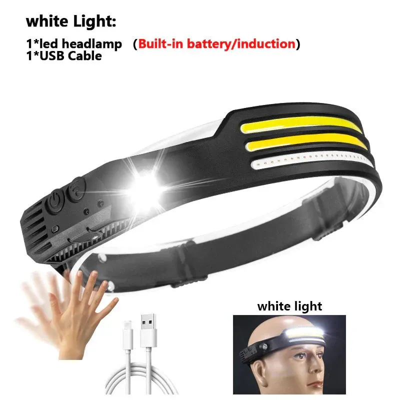 New 60000LM 230¡ã Wide angle Floodlight 3 Strip Lights COB Headlamp Induction Headlamp with Built-in Battery Flashlight Head Torch 4 Lighting Modes Head Light