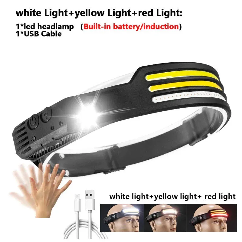 New 60000LM 230¡ã Wide angle Floodlight 3 Strip Lights COB Headlamp Induction Headlamp with Built-in Battery Flashlight Head Torch 4 Lighting Modes Head Light